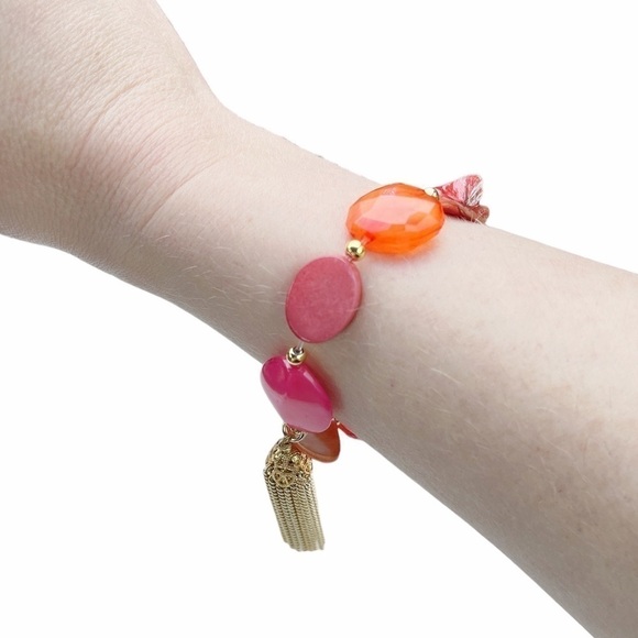 NEW Gennaro pink and orange chunky beaded stretch bracelet with gold tassel - Picture 2 of 2